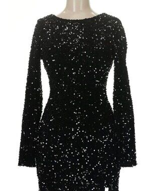 NWT Crystal Sky Black Sequin Long Sleeve Open Back Cocktail Dress Small